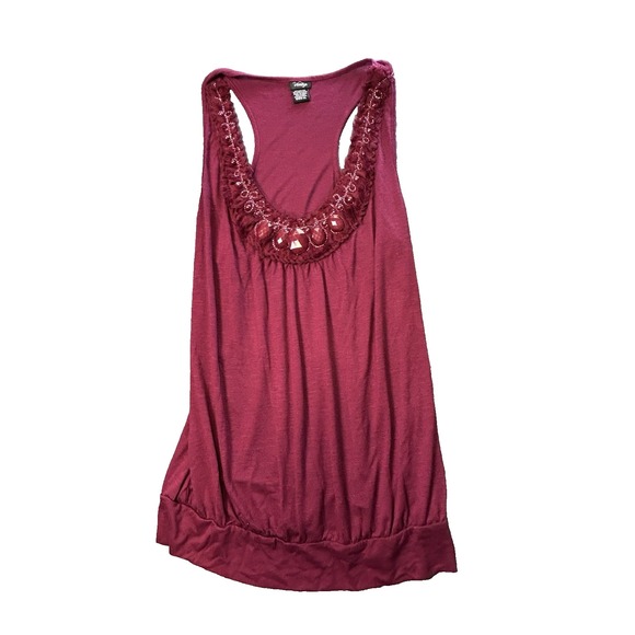 Vanity XL Burgandy Red Sequin Shoulders Lace Dressy Chiffon Overlay Tank Top - Picture 1 of 5